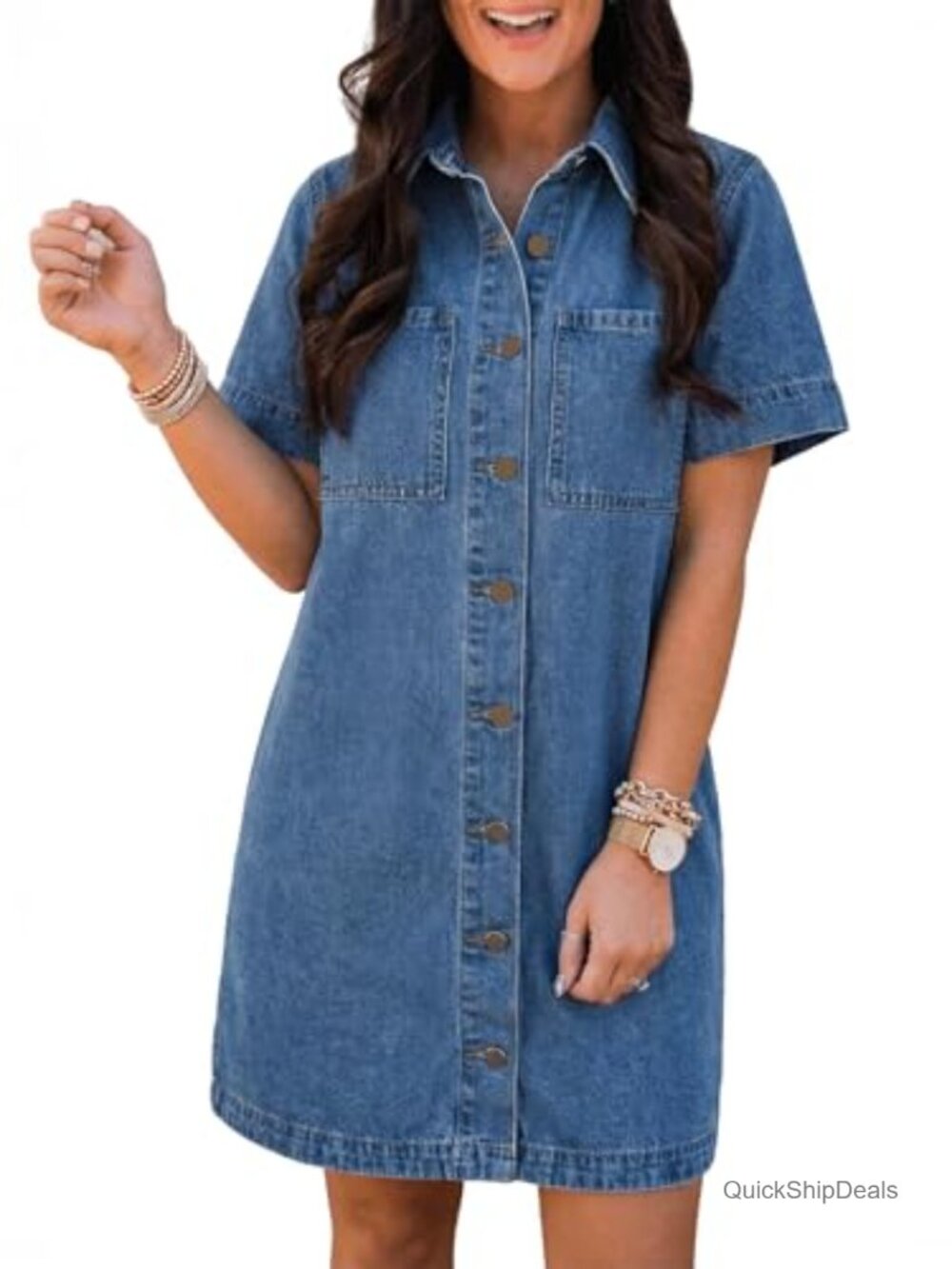 Button Down Denim Babydoll Mini Dress Short Sleeve Chambray Cotton Loose Fit